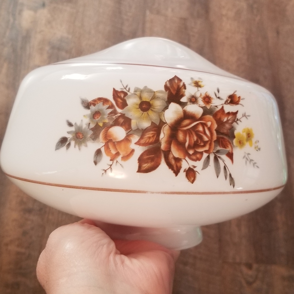 Vintage MCM Art Deco Brown Floral roses Glass Ceiling Light Shade 9" Milk glass